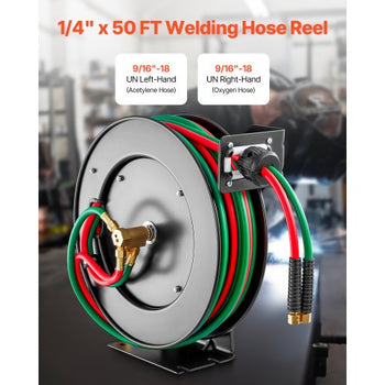 Retractable Welding Hose Reel, 1/4-Inch x 50FT Twin Oxygen Acetylene Rubber Hose Max 300PSI - R Grade, Ceiling/Wall Mount Heavy Duty Steel Hose Reel Auto-Rewind, Ideal for Workshops Garages