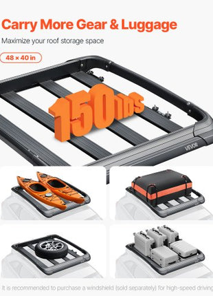 Roof Rack Cargo Carrier, 48 x 40 x 5.6 in, Universal Rooftop Cargo Basket, Car Top Luggage Holder with 150 lbs Max Load Capacity, 4.1 in Fence, Anti-Rust Alloy Steel, Wind Fairing, for SUV Car