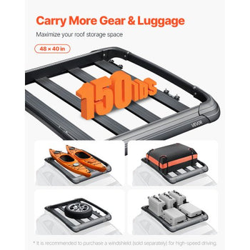 Roof Rack Cargo Carrier, 48 x 40 x 5.6 in, Universal Rooftop Cargo Basket, Car Top Luggage Holder with 150 lbs Max Load Capacity, 4.1 in Fence, Anti-Rust Alloy Steel, Wind Fairing, for SUV Car