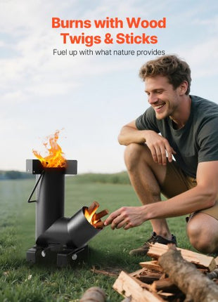 Camping Rocket Stove, Wood Burning Portable Rocket Stove with Carrying Bag for Backpacking, Carbon Steel, Burn Wood, Twigs or Sticks for Outdoor Cooking, Backyard, Camp Cooking, Heating, Black