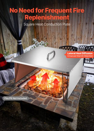 Fire Pit Heat Deflector, 25.4x25.4x14.6 inch Square Outdoor Burner Cover, Stainless Steel Bonfire Camping Wood Burning, Push Heat Down and Out with 4 Foldable Legs & Carrying Handle