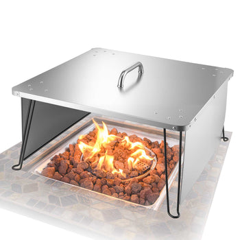 Fire Pit Heat Deflector, 25.4x25.4x14.6 inch Square Outdoor Burner Cover, Stainless Steel Bonfire Camping Wood Burning, Push Heat Down and Out with 4 Foldable Legs & Carrying Handle
