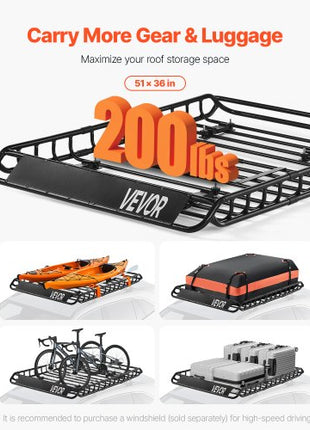 Roof Rack Basket, 51 x 36 x 4.1 in, Universal Rooftop Cargo Carrier with 1120 x 870 x 260 mm Cargo Bag, Net, Ratchet Straps, 200 lbs Max Load Capacity Car Top Luggage Holder, for SUV Truck Car