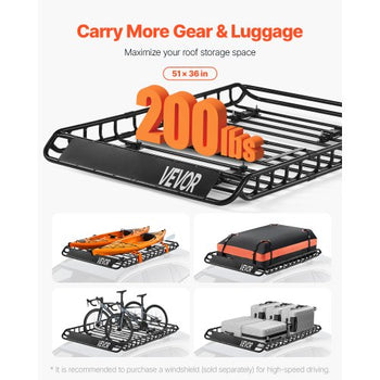 Roof Rack Basket, 51 x 36 x 4.1 in, Universal Rooftop Cargo Carrier with 1120 x 870 x 260 mm Cargo Bag, Net, Ratchet Straps, 200 lbs Max Load Capacity Car Top Luggage Holder, for SUV Truck Car