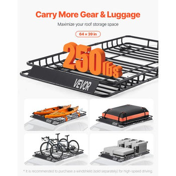 Roof Rack Basket, 64 x 39 x 4.1 in, Universal Rooftop Cargo Carrier with 44.1 x 34.3 x 10.2 in Cargo Bag, Net, Ratchet Straps, 250 lbs Max Load Capacity Car Top Luggage Holder, for SUV Truck Car