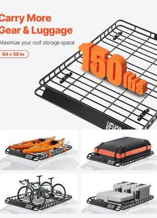 Roof Rack Basket, 64 x 50 x 4.1 in, Universal Rooftop Cargo Carrier with Two 35.4 x 39.4 in Cargo Net,150 lbs Max Car Top Luggage Holder, 4.1 in Fence, Anti-Rust Alloy Steel, for SUV Truck Car
