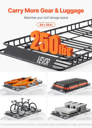 Roof Rack Basket, 84 x 39 x 4.1 in, Universal Rooftop Cargo Carrier with 7.9 x 3.9 x 10.2 in Cargo Bag, Net, Ratchet Straps, 250 lbs Max Load Capacity Car Top Luggage Holder, for SUV Truck Car