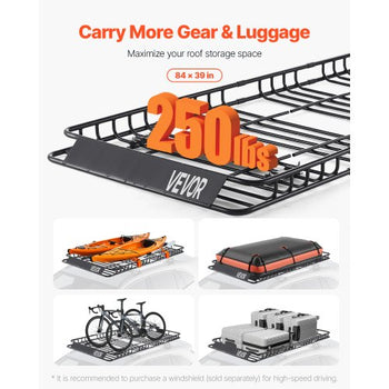 Roof Rack Basket, 84 x 39 x 4.1 in, Universal Rooftop Cargo Carrier with 7.9 x 3.9 x 10.2 in Cargo Bag, Net, Ratchet Straps, 250 lbs Max Load Capacity Car Top Luggage Holder, for SUV Truck Car