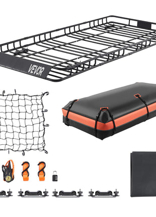 Roof Rack Basket, 84 x 39 x 4.1 in, Universal Rooftop Cargo Carrier with 7.9 x 3.9 x 10.2 in Cargo Bag, Net, Ratchet Straps, 250 lbs Max Load Capacity Car Top Luggage Holder, for SUV Truck Car