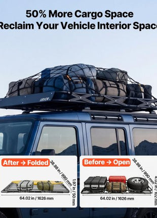 Roof Rack Cargo Basket, 64 x 39 x 4 in, Heavy Duty Roof Top Carrier Basket with Folding Design, 200 lbs Capacity, All-Weather Easy-Install Car Top Luggage Holder, Universal Fit for SUV Truck Car