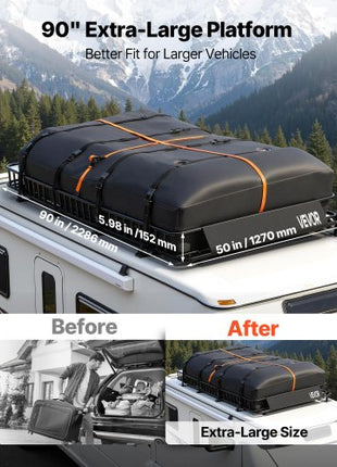 Roof Rack Cargo Basket, 90 x 50 x 6 in, Heavy Duty Roof Top Carrier Basket with Waterproof Rooftop Bag, Ratchet Straps, 250 lbs Capacity, All-Weather Car Top Luggage Holder, for SUV Truck Car