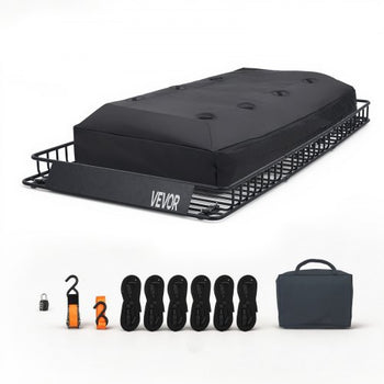 Roof Rack Cargo Basket, 90 x 50 x 6 in, Heavy Duty Roof Top Carrier Basket with Waterproof Rooftop Bag, Ratchet Straps, 250 lbs Capacity, All-Weather Car Top Luggage Holder, for SUV Truck Car