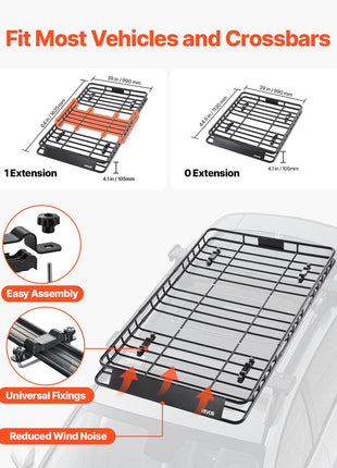Roof Rack Basket, 64 x 39 x 4.1 in, Universal Rooftop Cargo Carrier with 44.1 x 34.3 x 10.2 in Cargo Bag, Net, Ratchet Straps, 250 lbs Max Load Capacity Car Top Luggage Holder, for SUV Truck Car
