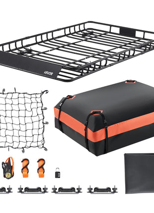 Roof Rack Basket, 64 x 39 x 4.1 in, Universal Rooftop Cargo Carrier with 44.1 x 34.3 x 10.2 in Cargo Bag, Net, Ratchet Straps, 250 lbs Max Load Capacity Car Top Luggage Holder, for SUV Truck Car