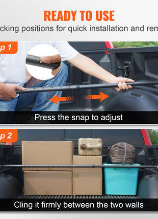 Adjustable black cargo bar with 16 locking positions for secure truck bed organization, easy installation and removal.