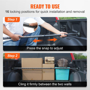 Adjustable black cargo bar with 16 locking positions for secure truck bed organization, easy installation and removal.