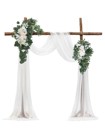 Artificial Wedding Arch Flowers Kit, White Wedding Arch Flowers with Drapes Kit (Pack of 4) - 2 Pcs Floral Arrangement, 2 Pcs Sheer Drapes, for Ceremony Bouquets Reception Backdrop Decoration