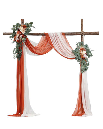 Artificial Wedding Arch Flowers Kit, Orange Wedding Arch Flowers with Drapes Kit (Pack of 4) - 2 Pcs Floral Arrangement, 2 Pcs Sheer Drapes, for Ceremony Bouquets Reception Backdrop Decoration
