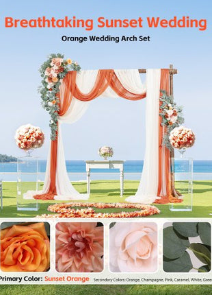Artificial Wedding Arch Flowers Kit, Orange Wedding Arch Flowers with Drapes Kit (Pack of 5) - 2 Pcs Floral Arrangement, 3 Pcs Sheer Drapes, for Ceremony Bouquets Reception Backdrop Decoration
