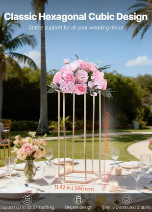 Wedding Flower Stand, 10PCS 23.62-inch Column Flower Stand, Floral Stands with Acrylic Laminate, Hexagonal Cubic Floral Display Rack for Wedding, Party, Birthday, Home, French Gold Stands