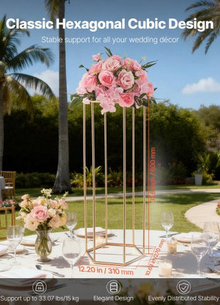 Wedding Flower Stand, 10PCS 31.5-inch Column Flower Stand, Floral Stands with Acrylic Laminate, Hexagonal Cubic Floral Display Rack for Wedding, Party, Birthday, Home, French Gold Stands
