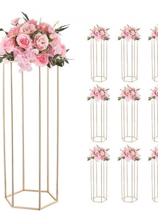 Wedding Flower Stand, 10PCS 31.5-inch Column Flower Stand, Floral Stands with Acrylic Laminate, Hexagonal Cubic Floral Display Rack for Wedding, Party, Birthday, Home, French Gold Stands