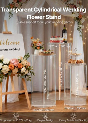Wedding Flower Stand, 3PCS 23.62/29.53/35.43 inch Round Cylinder Plinth, Clear Pedestal Stand with Transparent Acrylic Lid, Cylindrical Pedestal Stands for Wedding, Party, Birthday, Art Decor