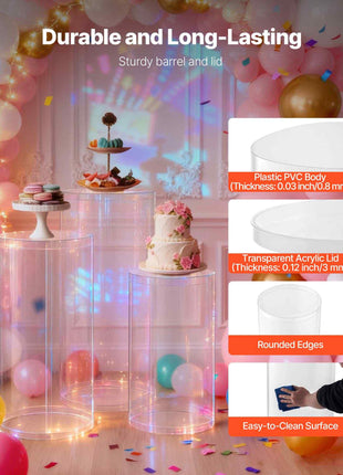 Wedding Flower Stand, 3PCS 23.62/29.53/35.43 inch Round Cylinder Plinth, Clear Pedestal Stand with Transparent Acrylic Lid, Cylindrical Pedestal Stands for Wedding, Party, Birthday, Art Decor
