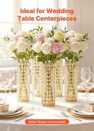 16 PCS Crystal Wedding Flower Vase, 10.24 in Tall Flower Table Centerpieces, Crystal Cylinder Banquet Vases Easy Installation, Versatile Arrangement Stand for Party Events Room Home Decor, Gold