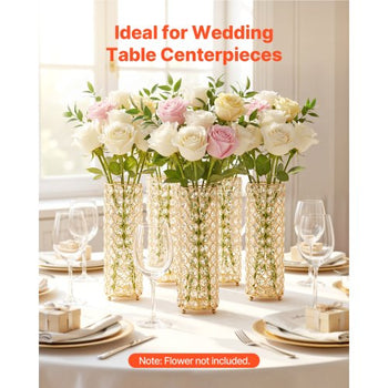 16 PCS Crystal Wedding Flower Vase, 10.24 in Tall Flower Table Centerpieces, Crystal Cylinder Banquet Vases Easy Installation, Versatile Arrangement Stand for Party Events Room Home Decor, Gold