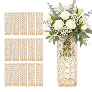 16 PCS Crystal Wedding Flower Vase, 10.24 in Tall Flower Table Centerpieces, Crystal Cylinder Banquet Vases Easy Installation, Versatile Arrangement Stand for Party Events Room Home Decor, Gold