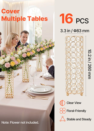 16 PCS Crystal Wedding Flower Vase, 10.24 in Tall Flower Table Centerpieces, Crystal Cylinder Banquet Vases Easy Installation, Versatile Arrangement Stand for Party Events Room Home Decor, Gold