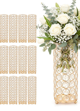 16 PCS Crystal Wedding Flower Vase, 10.24 in Tall Flower Table Centerpieces, Crystal Cylinder Banquet Vases Easy Installation, Versatile Arrangement Stand for Party Events Room Home Decor, Gold
