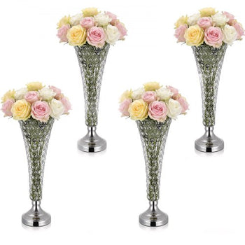 4 PCS Crystal Wedding Flower Vase, 20 in Tall Flower Table Centerpieces, Crystal Cylinder Banquet Vases Easy Installation, Versatile Arrangement Stand for Party Events Room Home Decor, Silver
