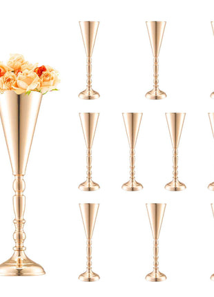 10PCS 43cm/16.9” Tall Wedding Flower Vase, Metal Wedding Trumpet Centerpiece, Gold Floral Stand Display Rack for Tables Wedding Dinner Party, Anniversary Ceremony Birthday Event Decor