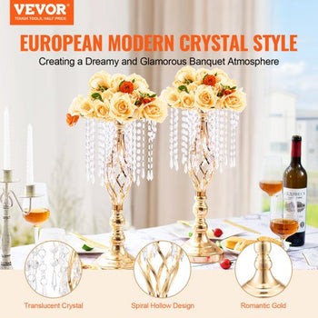 12PCS 49cm/19.3 Tall Crystal Wedding Flower Stand, Metal Wedding Centerpiece Vase, Gold Flower Holders Floral Display Rack for Tables Wedding Dinner Party, Ceremony Birthday Event Decor
