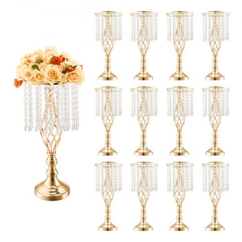 12PCS 49cm/19.3 Tall Crystal Wedding Flower Stand, Metal Wedding Centerpiece Vase, Gold Flower Holders Floral Display Rack for Tables Wedding Dinner Party, Ceremony Birthday Event Decor