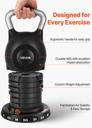 Kettlebell, Adjustable Kettlebell with 7 Weight Levels (5, 11.5, 18, 24.5, 31, 37.5, 44 lbs), Die-Cast Aluminum and ABS Material, for Grip Strength Training, Full-body Workout & Cross-Training