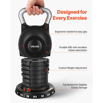 Kettlebell, Adjustable Kettlebell with 7 Weight Levels (5, 11.5, 18, 24.5, 31, 37.5, 44 lbs), Die-Cast Aluminum and ABS Material, for Grip Strength Training, Full-body Workout & Cross-Training