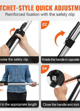 Ratchet-style adjustable pole with a reinforced safety clip; durable silver metal construction; ideal for versatile use.