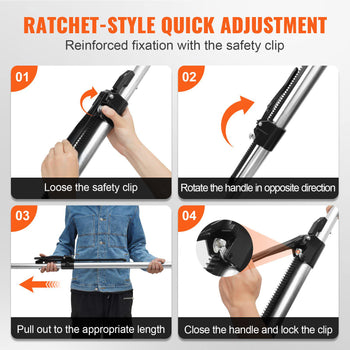 Ratchet-style adjustable pole with a reinforced safety clip; durable silver metal construction; ideal for versatile use.