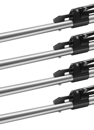 Set of 4 adjustable silver metal jack stands with black rubber bases and locking lever for stability.