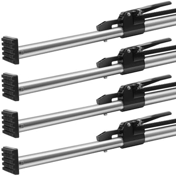 Set of 4 adjustable silver metal jack stands with black rubber bases and locking lever for stability.