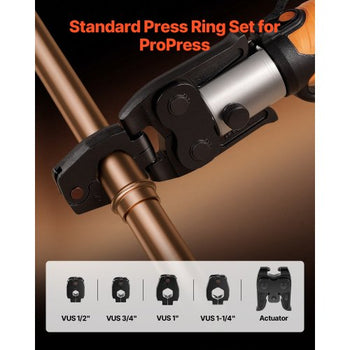 5PCS VUS Pressing Kit, 4PCS Press Rings (1/2", 3/4", 1", 1-1/4") & R8 Actuator - Compatible with ProPress Copper Pipes, Work with 32KN Standard Press Tools for 180° Operation