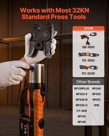 5PCS VUS Pressing Kit, 4PCS Press Rings (1/2", 3/4", 1", 1-1/4") & R8 Actuator - Compatible with ProPress Copper Pipes, Work with 32KN Standard Press Tools for 180° Operation