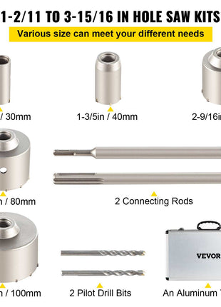 Concrete Hole Saw Kit, 1-2/11\", 1-3/5\", 2-9/16\", 3-5/32\", 3-15/16\" Drill Bit Set SDS Plus & SDS MAX Shank Wall Hole Cutter with a 4-1/3\" Connecting Rod for Concrete, Cement, Stone Wall, Ma