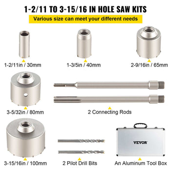 Concrete Hole Saw Kit, 1-2/11\", 1-3/5\", 2-9/16\", 3-5/32\", 3-15/16\" Drill Bit Set SDS Plus & SDS MAX Shank Wall Hole Cutter with a 4-1/3\" Connecting Rod for Concrete, Cement, Stone Wall, Ma