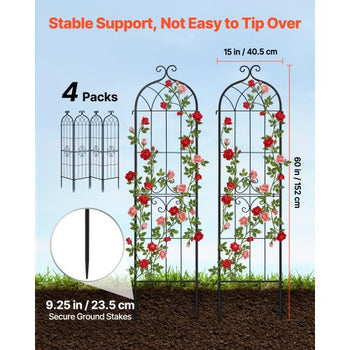 Garden Trellis, 60 x 15 inch Rose Trellis, 4 Packs Garden Flower Rose Trellises with Powder-Coated Finish & Convenient Locking Design, Plant Support Trellises for Flowers, Vegetables, Roses