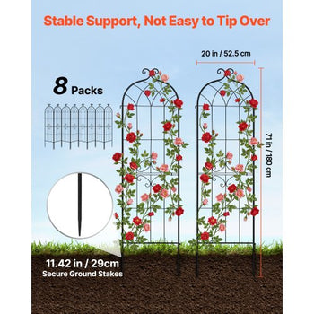 Garden Trellis, 71 x 20 inch Rose Trellis, 8 Packs Garden Flower Rose Trellises with Powder-Coated Finish & Convenient Locking Design, Plant Support Trellises for Flowers, Vegetables, Roses