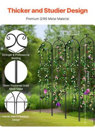 Garden Trellis for Climbing Plants, 87 x 20 in, 4 Packs Rustproof Metal Garden Flower Trellis, Outdoor Climbing Rose Trellis Cucumbers Support, Decorative Clematis Trellis for Courtyards Lawns